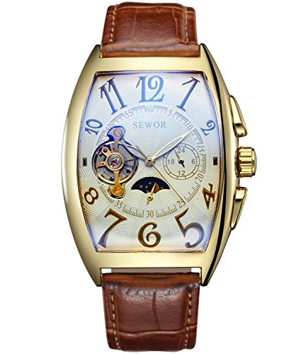 Luxury Tourbillon Herren Mondphase automatische mechanische Armbanduhr Lederband Glasbeschichtung blau (Platin)