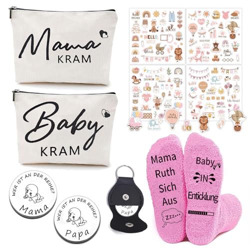 Regalos para embarazadas – Set de regalo para embarazadas y padres con bolsa de mamá y bebé, moneda de decisión, calcetines antideslizantes y pegatinas, crema, large, Regalos para embarazadas