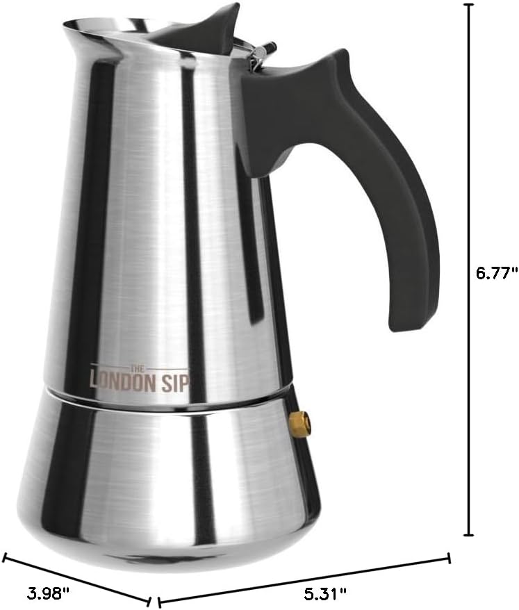London Sip Stainless Steel Stovetop Espresso Maker Moka Pot Italian Coffee Percolator, Silver, 3 Espresso Cups