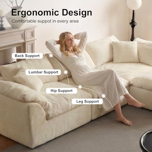 Image of Cloud Couch Sectional for Living Room, Modular L Shaped Boneless Sofa with Chaise, Compressed No Assembly Couch, Deep Seat Chenille Upholstered Convertible Sofa Bed (White)