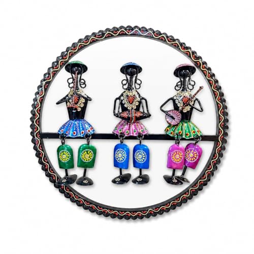 Image of Bharat Art Cap Lady in Ring Metal Wall Art | Tribal Musician Iron Wall Hanging Decor | Handmade Ethnic Round Wall Sculpture for Living Room Bedroom Office Hotel | Size 17 x 02 x 17 Inch | SKU W332 A