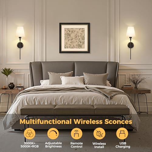 Image of DORESshop Battery Operated Wall Sconce Set of 2, 7 Color Wireless Wall Light Easy to Install, Sconce Wall Decor Set of 2 for Bedroom, Living Room, Fabric Linen Shade, Black, 24.6in