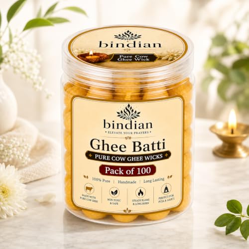 Image of Bindian Pure Cow Ghee Batti for Puja Pack of 100 | Ready to Use Handmade Cotton Ghee Wicks | Long Burning Diya Batti for Daily Puja, Aarti, Mandir, Temple, Diwali & Festivals | 100% Pure Cow Ghee, Smokeless & Non-Toxic, Steady Flame, Cotton Wick, For Puja & Aarti