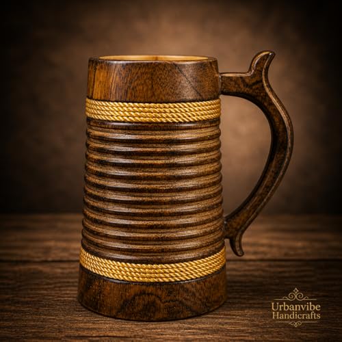 Image of Handmade Wooden Beer Mug, Wood with Sheesham Finish, Barrel Style, Lightweight & Durable, for Craft Beer, Home Bar, Cafe, Party, Gift(350ml) (Rings)