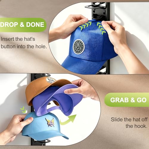 HeQe 2 Pack Hat Organizer for Baseball Caps, Hat Rack for Wall, Hat Storage, Hat Holder with Strong Adhesive and Screws (Black) — view 2