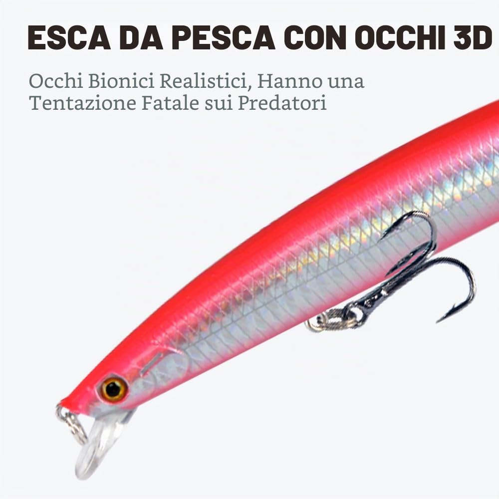 Set di esca da pesca Minnow in 5 parti, 18 cm, 24 g, esca per acqua dolce e salata, pelle realistica con occhi 3D e palline sonanti, ganci robusti per la pesca di pesce persico, snook e
