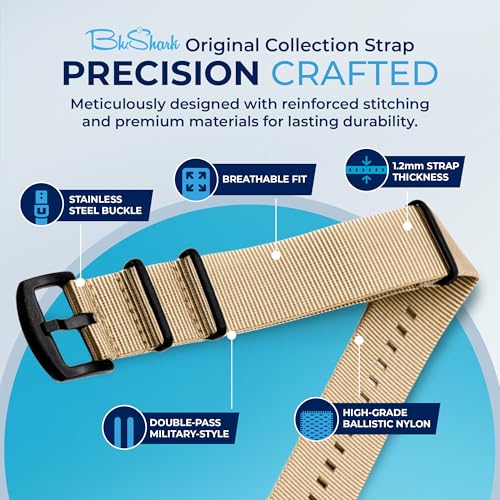 Image of BluShark - Original Collection Military-Style Waterproof Watch Strap, Fits All Timepiece Brands, Durable Nylon Wristwatch Accessories with Stainless Steel Buckle - 18mm, 20mm, 22mm & 24mm Watch Bands