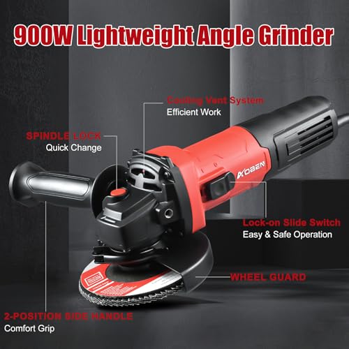 Image of AOBEN 900W Angle Grinder 4-1 /2 inch | 7.5Amp, 11000 RPM Corded Electric Grinder Tool, with Slide Switch, Safety Guard & Hand | for DIY Projects, Metal Cutting & Grinding