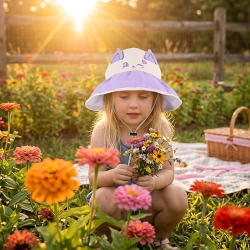 Image of SNOWIE SOFT Wide Brim Sun Hat for Kids Girls with Neck Flap Shawl, UPF 50+ Adjustable Chin Strap Sun Protection Hat for Girls 2-10 Years Old, Summer Breathable Sun Visor Hat Windproof Beach Hat