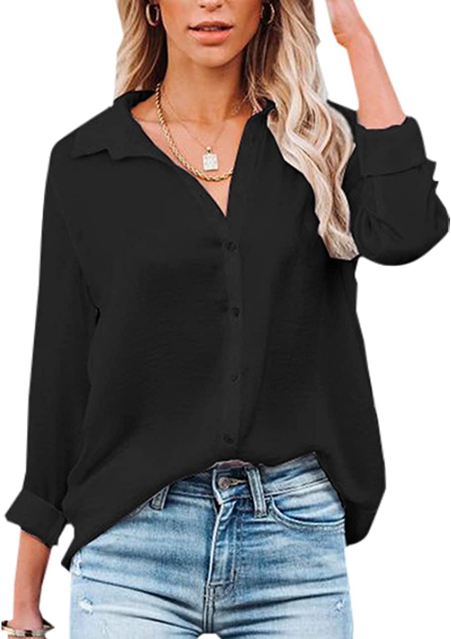 Damen Bluse Elegant V-Ausschnitt Hemd Langarm Arbeit Oberteile Casual Tunika Shirt Lose Langarmshirt Tops