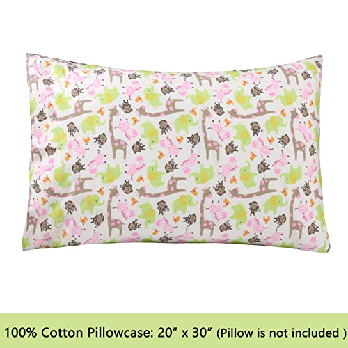 Image of 100 Cotton 3 Piece Toddler Sheet Set, Soft Breathable Crib Bedding Set for Girls Includes a Flat Sheet, a Fitted Sheet, a Pillowcase, Jungle Zoo Animal Friends Giraffe Monkey Elephant Zebra Bird Pink