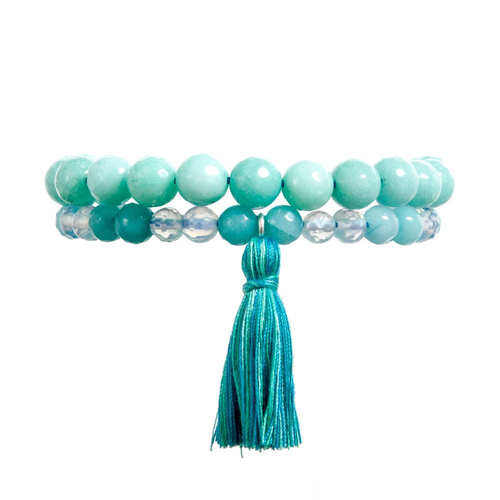 Tiny Devotions - Virgo Mala Bead Bracelet for Women - Amazonite, Opalite and Aqua Tassel