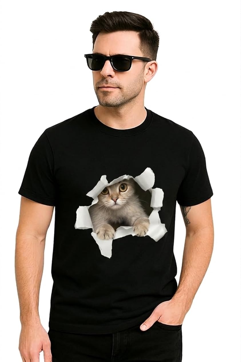 ANNHASH Men's T-Shirt with 3D Cat Peeking Through Torn Paper Print, Crew Neck, Short Sleeve-picture-47