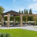 Modern Shade Sunrise Coast 10'x20' Pavilion Pergola Hybrid Gazebo with Adjustable Shade Fabric, Hardtop Roof with Privacy Curtains, Outdoor Hot Tub Pavilion for Patio or Garden, Wood-Looking
