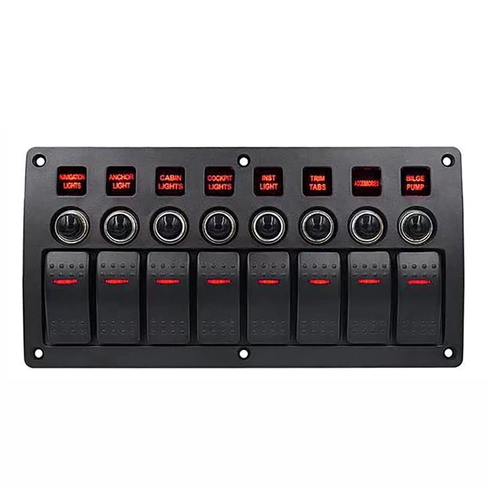 Riloer Panel de interruptor basculante de 8 bandas, 12 V, 24 V, universal, para barco, coche, con interruptores, impermeable, con luz verde/azul/roja