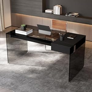 Clear Tempered Glass Writing Desk – Minimalist Modern Computer Table with Metal Joints for Home Office or Study (Black Glass Desk)
