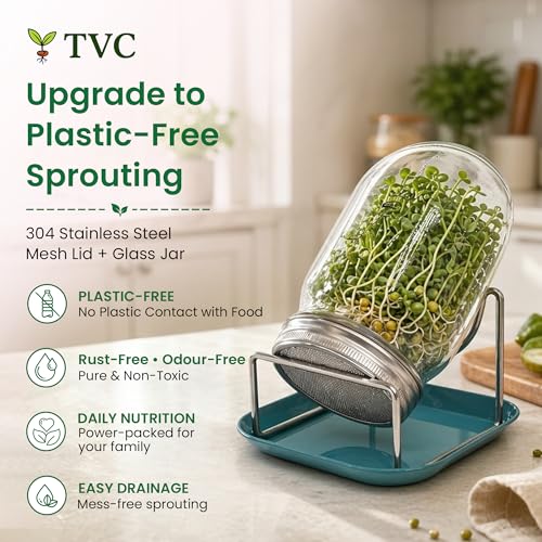 Image of TVC 1L Glass Sprout Maker Jar with Stainless Steel Mesh Lid & Stand | For All Sprouts & Microgreens | Plastic-Free Sprouting Kit | Easy Rinse & Drain, Dishwasher Safe, Rust-Free
