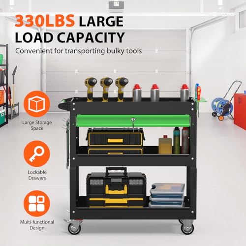 Image of 3 Tier Heavy Duty Rolling Tool Cart with Drawers, Large Storage Utility Cart on Wheels for Garage, Warehouse, Repair Shop (Black&Green)