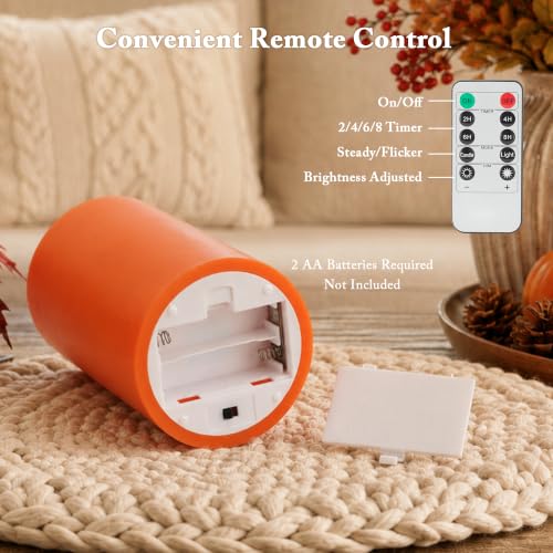 Image of JOIONE Orange Flameless Pillar Candles with Remote, 3 Pack Halloween Decor | Battery Operated LED, Fall Orange Real Wax, Remote Control, Warm Flickering Glow, Safe Halloween Home & Party Decor