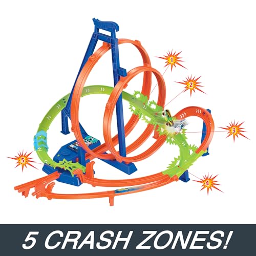 Image of Hot Wheels Track Set, Epic Crash Dash with 5 Crash Zones, Motorized Booster and 1 Hot Wheels 1:64 Scale Toy Car, Easy Storage (Amazon Exclusive)