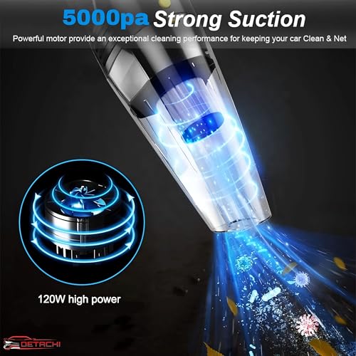 Image of DETACHI Car Vacuum Cleaner - Portable 2 in 1 Wet & Dry Cleaner for Car with High 6000PA Powerful Suction 12V DC for Deep Cleaning, HEPA Filter, Filter for Allergens, Cigarette Lighter Cord -Black