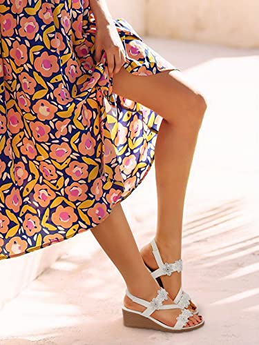 Temofon Wedge Sandals For Women Elastic Ankle Strap Bohemian Sandals Open Toe Flower Rhinestone Shoes White 8 #TOP4