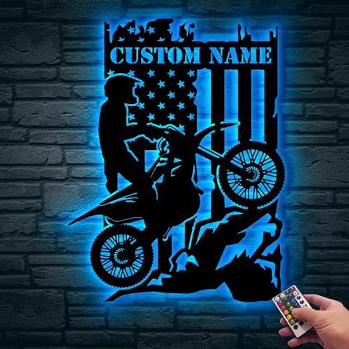 Image of Custom US Motocross Biker Metal Wall Art LED Light, Personalized Dirt Bike Name Sign Home, Motorcycle Decor, Rider Decoration Man Cave Xmas, Birthday Gift, Christmas Gift