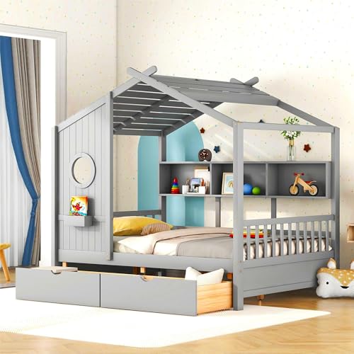 Image of Modern Full Size House Bed with Roof and Window, Wooden Daybed Frame with Shelves and 2 Drawers,Bedroom Furniture for Girls & Boys (Gray+2 Drawers*)