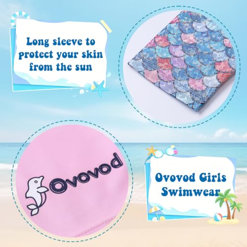 Image of Girls Swimsuit Two Piece Rash Guard Set for 4-14 Years UPF 50+ UV Protective Long Sleeve Swimwear