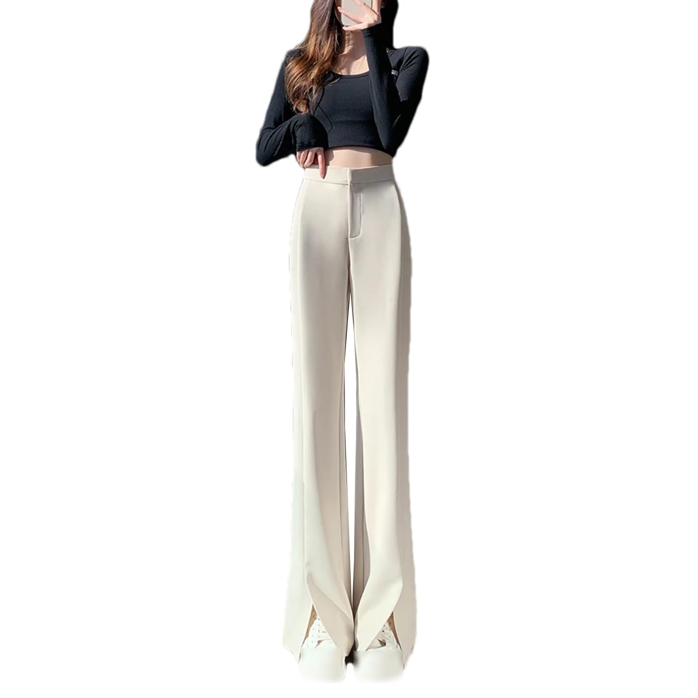 Womens Slit Wide-Leg Pants Autumn Straight Casual Solid Color Office Trousers Womens Business Suit Pant