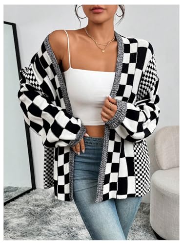 Image of MakeMeChic Women's Checkered Plaid Cardigan Sweater Long Sleeve Open Front Oversized Cardigans