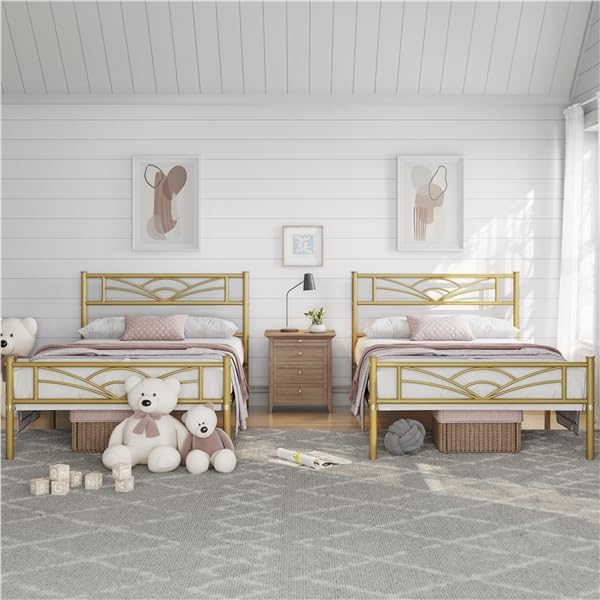 Yaheetech Set di 2 Struttura Letto Singolo in Ferro con Spazio Aggiuntivo Testiera a Forma di Nuvole Camera da Letto Ospiti Soggiorno Oro Anticato 90 x 190 cm