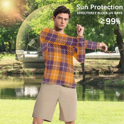 Orange Purple Plaid UPF 50+ Sun Shirts for Men Breathable Round Neck Sun Shirt for Men Long Sleeve Summer4
