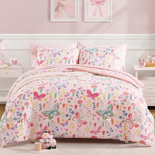 Geniospin Twin Comforter Set for Girls - 5 Pieces Butterfly Pink Bedding Set Floral Bed in a Bag with Comforter Sheets Pillowcase & Sham All Season Kids Bed Set