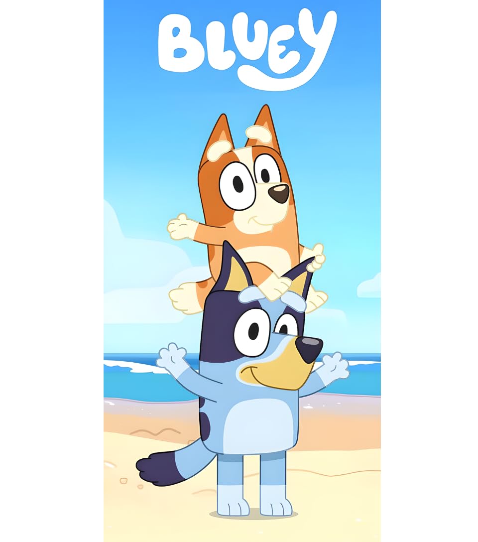 BrandMac Bluey & Bingo Beach & Bath Towel 70x140cm, 100% Cotton | Soft & Absorbent Kids Bath & Swim Towel | Official Bluey Towel | Ideal for Beach, Bath and Pool