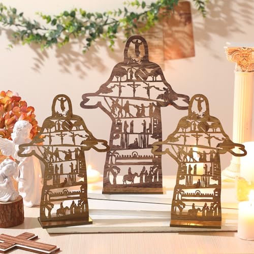 Huwena 3 Pcs Easter Nativity Scene Decorations Wooden Religious Jesus Nativity Scene Tabletop Decor for Home Tiered Tray Signs