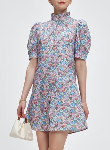 Image of Ladyful Women's Summer Floral Shift Short Sleeve Button Front Mini Dress | puff sleeve, ruffle stand neck, boho style, beach vocation, 100% cotton, loose fit, shirt sundress