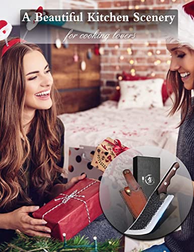 Foto von DRAGON RIOT Scharfes Hackmesser Japanisches Küchenmesser Robustes Kochmesser Handgeschmiedete Messer Outdoor mit Lederscheide Profi Metzgermesser Fleischerbeil für Weihnachtsgeschenke