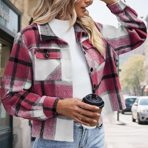 Flannel Shacket Women Cropped Plaid Shirt Jacket Fall Fashion Button Down Coat 2025 Cute Flannels Outerwear Tops2