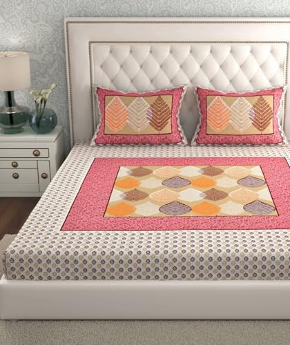 Image of JAIPUR PRINTS 100% Cotton Rajasthani Jaipuri Traditional Floral Queen Size Double Bedsheet with 2 Pillow Covers - Multicolor, 180-200 tc (Pink Lite)
