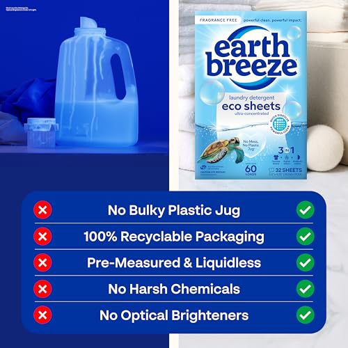 Image of Earth Breeze Laundry Detergent Sheets Fragrance-Free - 180 Loads Eco Liquidless Soap - Travel-Friendly for Hot & Cold Cycles, Tackles Tough Stains & Odors - Gentle on Sensitive Skin, 90 Ct (3 Pack)