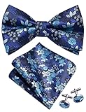 Gusleson Blue Bow Tie and Pocket Square Set for Men Purple Grey Floral Pre-Tied Bowties Cufflinks for Wedding (UK0493-12)