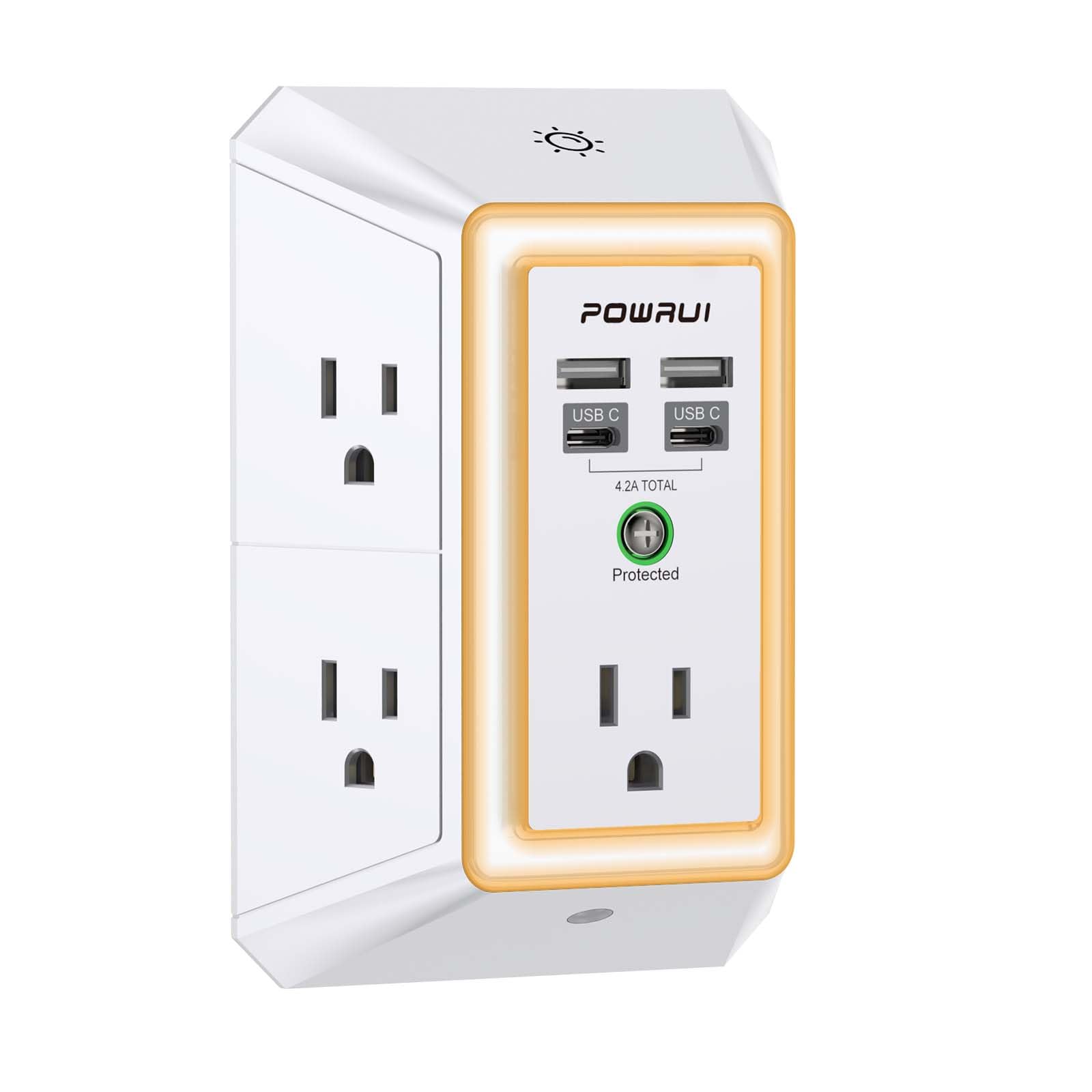 3-Sided Outlet Extender with Night Light - POWRUI Multi Plug Outlet with 5 Outlets and 4 USB Ports(2 USB-C), USB Wall Charger for Home, Office, Travel, ETL Listed, White 2U2C White