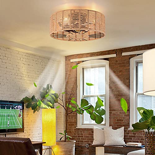 AyshwillDec Caged Ceiling Fans with Light Hemp Rope Boho Ceiling Fan Low Profile Ceiling Fan with Light and Remote Farmhouse Ceiling Fans Enclosed Fan with Lights for Bedroom Kitchen - Image 7