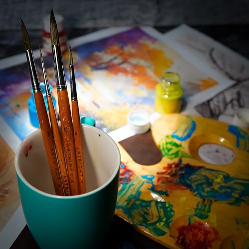 Image of Round Artist Paintbrush Set of 4Pcs, Natural Brown Handle Brushes for Fine Detailing, Line Work, Broad Strokes, Ideal for Acrylic, Watercolor Painting, Best for Beginner & Professional