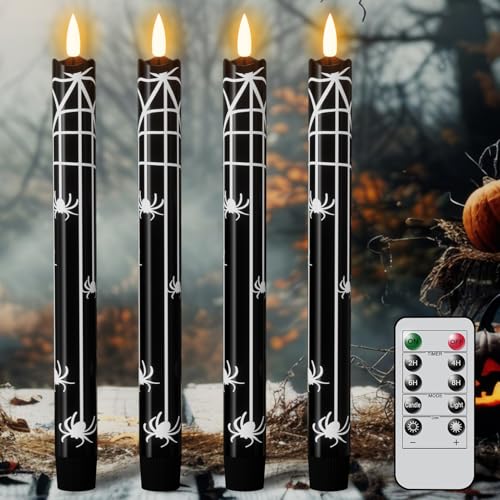 Image of Eldnacele Halloween Spider Flameless Taper Candles Battery Operated with Remote Timer, Set of 4 Black Real Wax 3D Wick LED Flickering Candles Spooky Halloween Indoor Decor(0.78 inch D x 9.64 inch H)