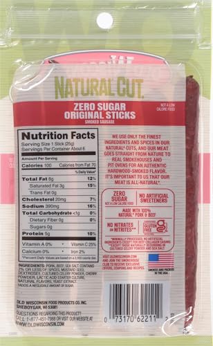 Image of Old Wisconsin Natural Cut Original Sausage Snack Sticks, Zero Sugar, Naturally Smoked,Ready to Eat,High Protein,Low Carb,Keto,Gluten Free,No Artificial Preservatives or Nitrates, 5 Ounce (Pack of 10)