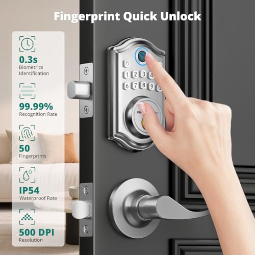 Image of AkaGear DS10 Pro Keyless Entry Door Lock with Lever Handle Set, Bluetooth APP Control, Fingerprint Door Locks, Electronic Keypad Deadbolt Lock, Smart Doors Lock, Auto-Lock, Satin Nickel