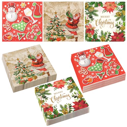 60 Pack Christmas Napkins Disposable Christmas Party Paper Xmas Decorative Napkins for Xmas Cocktail Party Supplies Table Decorations Napkin