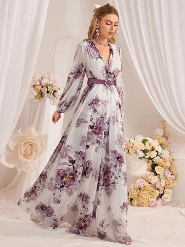 Image of TOLEEN Summer Casual Dresses for Women 2024 Spring Fashion Boho V Neck Long Sleeve Ruffle Floral Print Elegant Maxi Dress